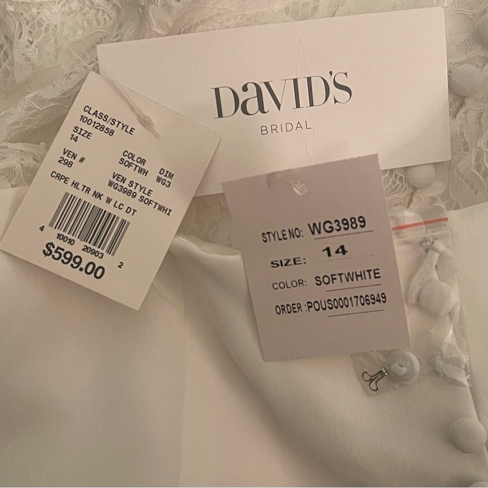 DAVID'S BRIDAL Sheer Back Crepe Wedding Dress with Lace Train - Picture 14 of 14
